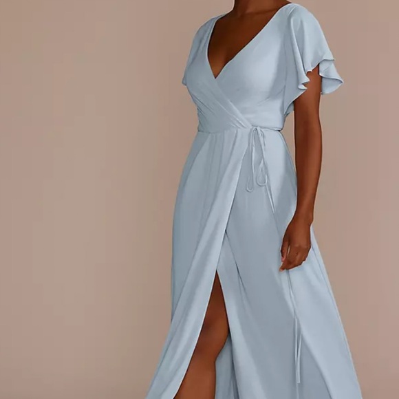 David’s Bridal Flutter Sleeve Georgette Wrap Gown Dress Full Length Dusty F20039 - Picture 3 of 5